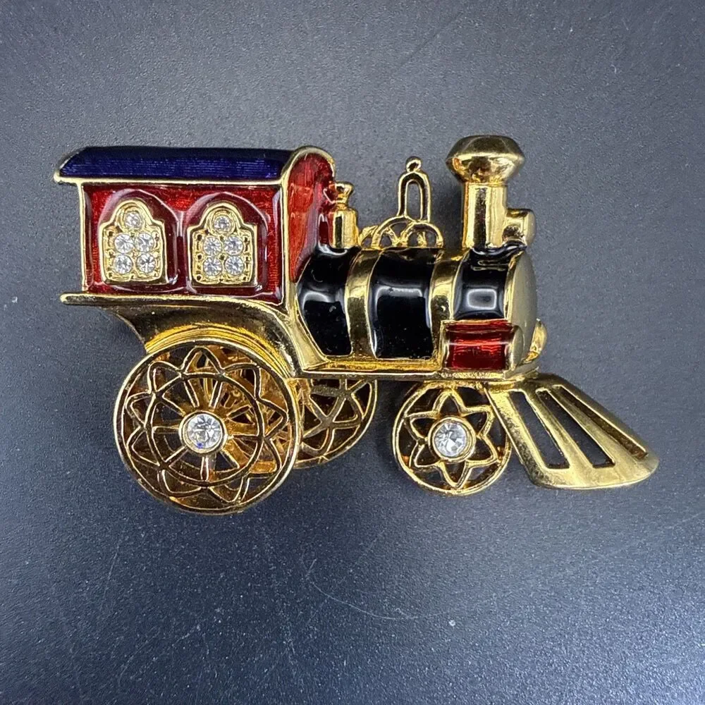 VINTAGE Avon Smithsonian Enamel Rhinestone Accent Train Pin Brooch